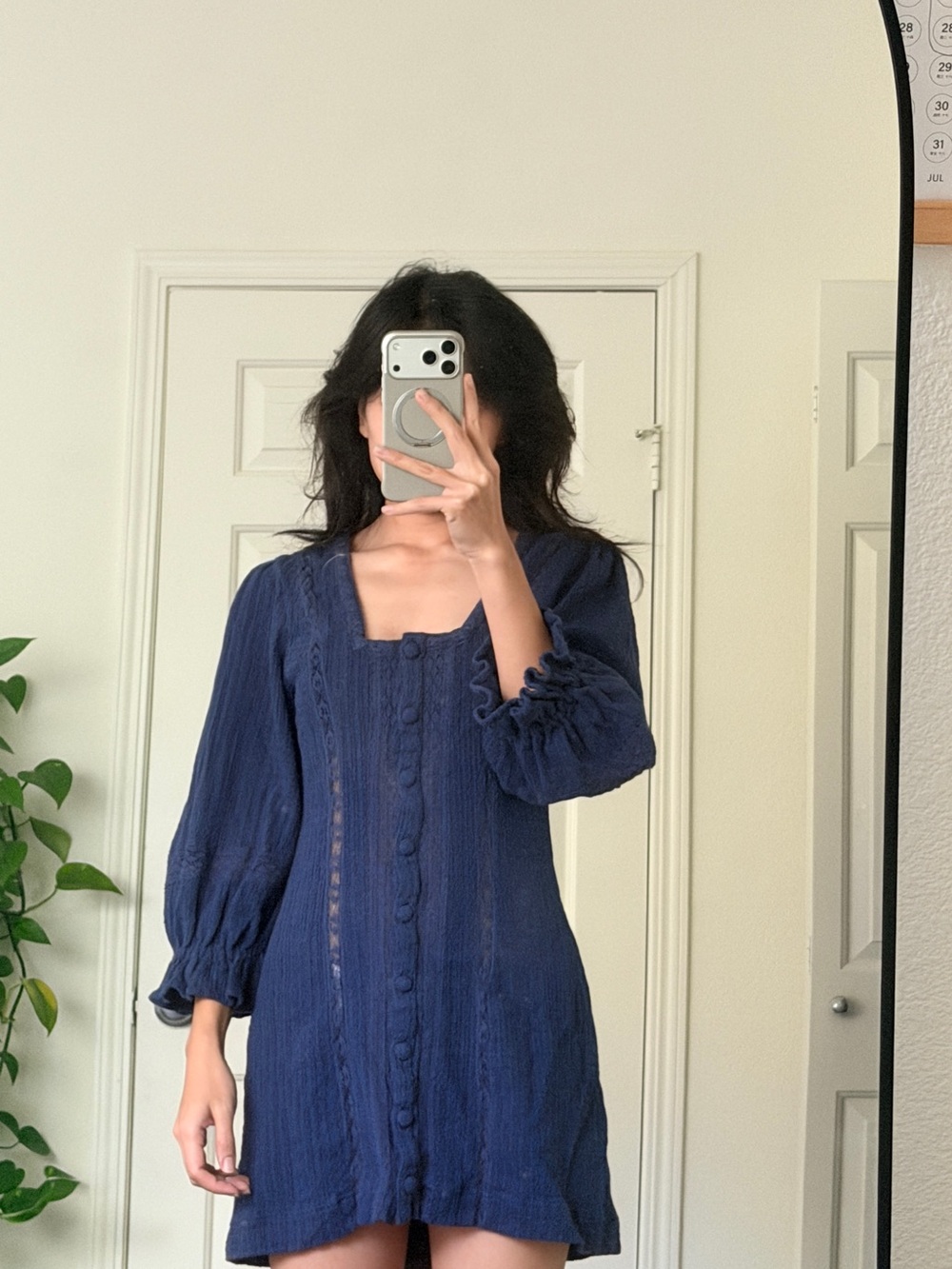 Free People Navy Textured Square-Neck Button Mini Dress